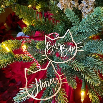   персонализированные рождественские подарочные бирки, изготовленное на заказ рождественское украшение для кошки, деревянный шар с именем