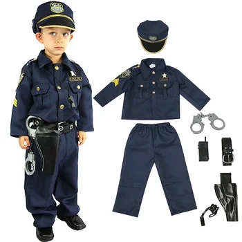  Полицейский Хэллоуин Костюм для детей Мальчики Америка Полицейский Комплект Рубашка Брюки Шляпа Ремень Свисток Пистолет Кобура Рация Полицейский Набор
