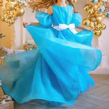  Простой синий пухлый цветок девушка платье детский день рождения длина пола белый бант принцесса фонарь рукав бальные платья конкурсная одежда