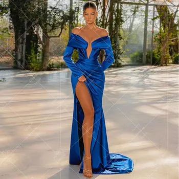  Простые светло-голубые вечерние платья Женская русалка с длинным рукавом Сексуальная сторона Выпускные платья с высоким разрезом Торжественная мода Элегантные Vestidos