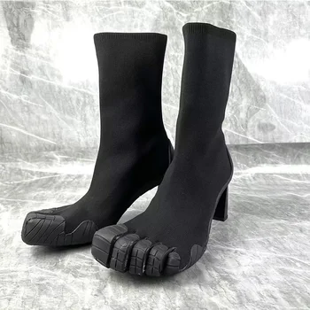  Раздвоение носка на высоком каблуке пять пальцев носки сапоги женская повседневная дизайнерская обувь пинетки черные мягкие сапоги на высоком каблуке