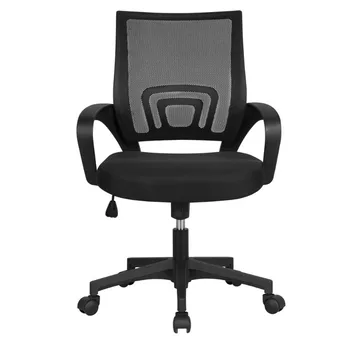  Регулируемый сетчатый поворотный офисный стул со средней спинкой и подлокотниками, черный