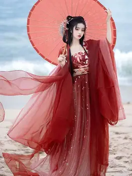  Ретро Ханьфу Династия Тан Вышитая рубашка с большим рукавом Юбка Хэцзы Весна И Осень Красный Комплект