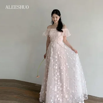  Розовая принцесса Элегантные с открытыми плечами 3D цветы кружевные свадебные платья фотосессия корея леди с короткими рукавами выпускные вечерние платья