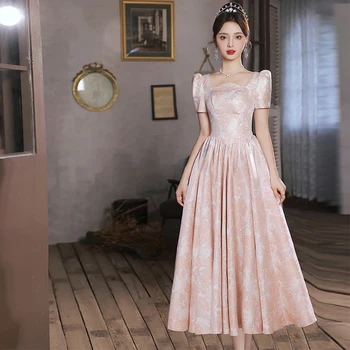  Розовые атласные женские платья на день рождения 2023 Элегантные вечерние платья миди с квадратным вырезом A-line Tea-Length Длинные