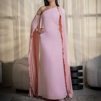  розовый футляр джерси простое вечернее выпускное платье на одно плечо плиссированная шаль с открытой спиной элегантное платье для вечеринок в пол из Саудовской Аравии