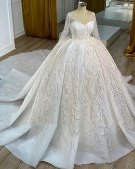  Роскошные свадебные платья с пайетками Принцесса с длинными рукавами Свадебные бальные платья на шнуровке Изготовленные на заказ Vestidos De Novia
