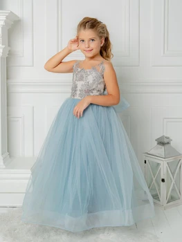  Светло-голубое платье для девочки-цветка для свадьбы тюль из бисера без рукавов аппликации с открытой спиной бальное платье для вечеринки на день рождения