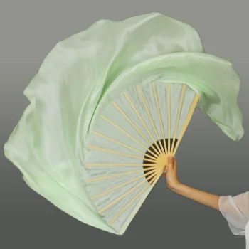  Светло-зеленая вуаль Янко Танцевальный веер 100% настоящий шелк струящийся классический танцор практика шоу реквизит одна пара (L + R) Китай Бамбук Фолк