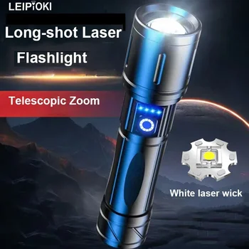   Светодиодные фонарики высокой мощности Белый лазерный перезаряжаемый фонарик Телескопический алюминиевый фонарь с дисплеем батареи Дальнобойный фонарик