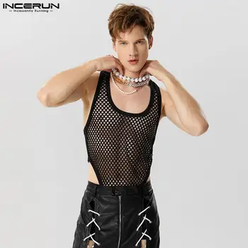  Сексуальные стильные новые мужские боди Комбинезоны из полой сетки в стиле пэчворк INCERUN Комбинезон без рукавов с треугольным треугольником INCERUN S-5XL 2023