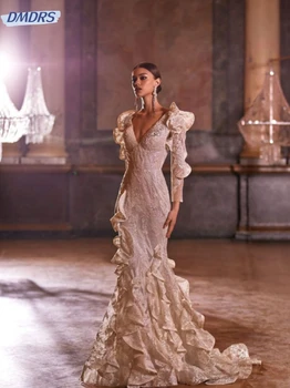  сексуальный Глубокий V-образный вырез Платье невесты с открытой спиной Блестящие пайетки Свадебное платье Изящная русалка Длинное свадебное платье Robe De Mariée