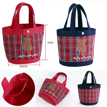  Сумка Miki, вышивка письма медведя, клетчатая сумка для мамы, мультяшная сумка-ведро для ручной переноски