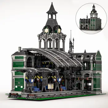  Темно-зеленый железнодорожный вокзал с интерьером 12698 деталей Набор строительных игрушек MOC Build