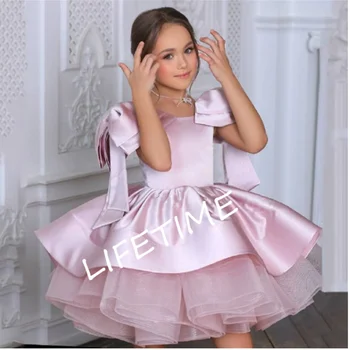  Цветочница Платье Девушки с пайетками на лифе Высокий-низкий стиль Юбка принцессы до колен