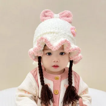  Шапка для девочки в осенне-зимнем стиле милая и модная девочка принцесса коса шапочка для малышки девочка вязаная плюшевая шапка